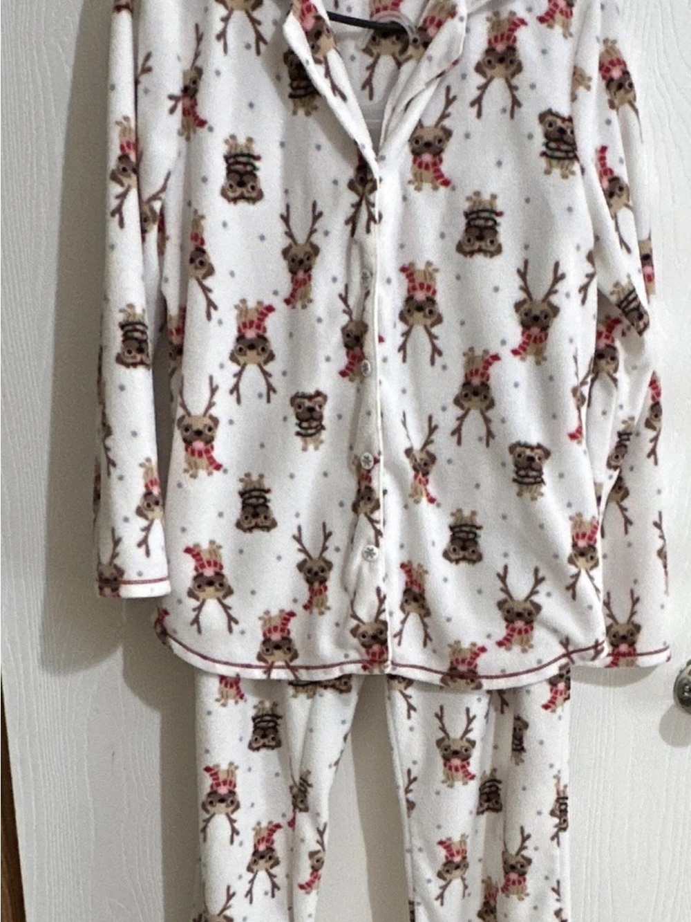 BH PJs Womens L Fleece 2pc Pajama Set Button Front Collared Pug Dog Print